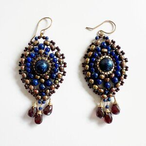 Miguel Ases Blue, Burgundy, Gold Beaded Earrings
